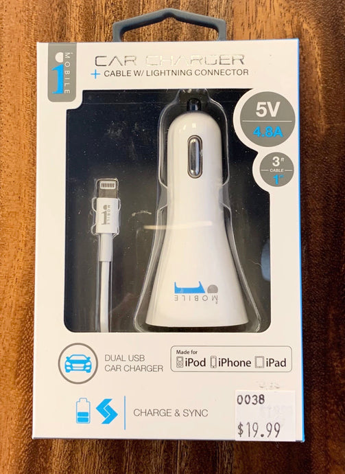 i1 Mobile | USB Car Charger w/ Lightning Cable - White